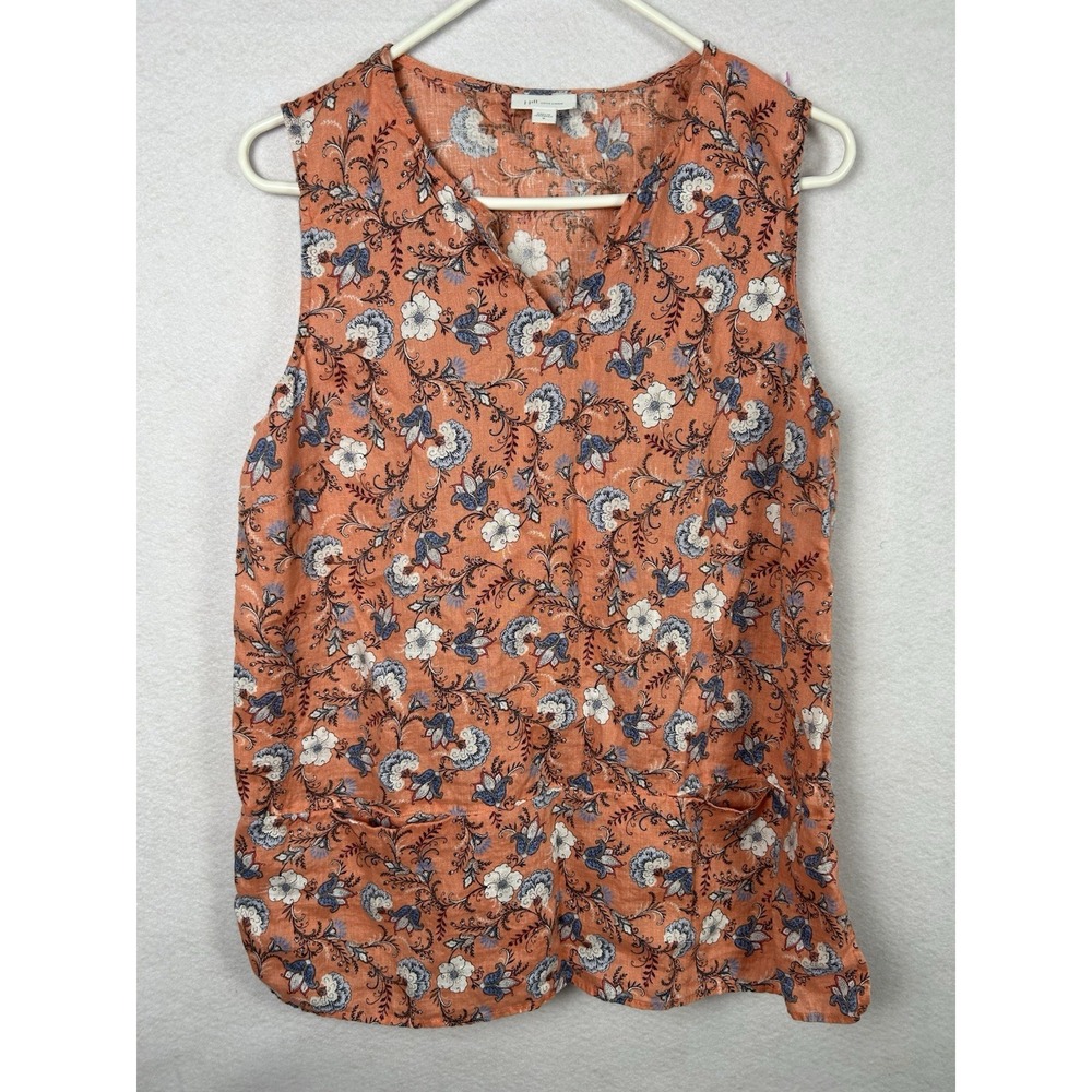J. Jill Coral Pink 100% Linen Floral Tank Top Sleeveless Pockets Resort Sz M